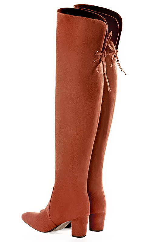 Terracotta orange women's leather thigh-high boots. Round toe. Medium block heels. Made to measure. Rear view - Florence KOOIJMAN